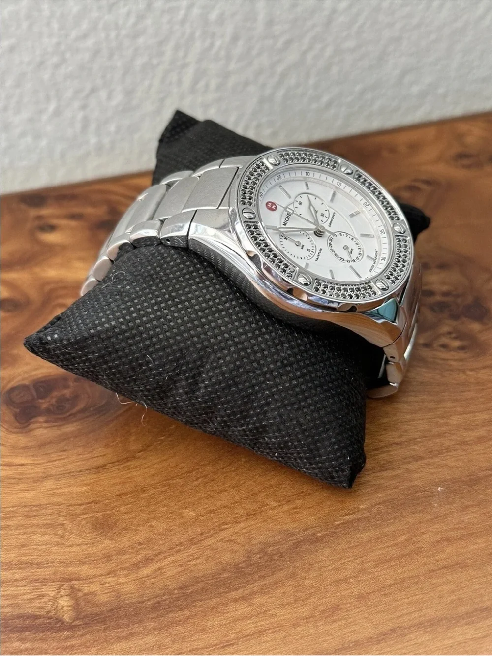 Unique & Rare Michele Tahitian Black Diamond & SS Band Chronograph Ladies Watch
